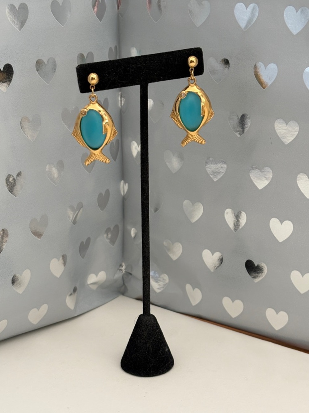AVON Gold Plated Blue Resin Fish-Shaped Pierced Earrings Collectible